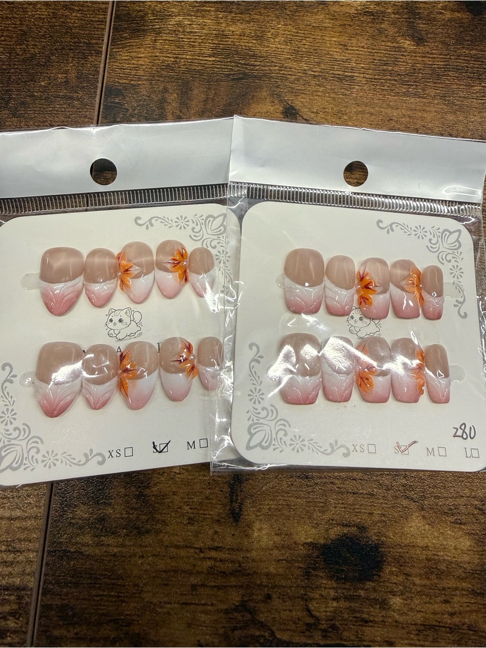 2pk Pink Short Ombre Press-On Nails with Orange Floral Accent - Small